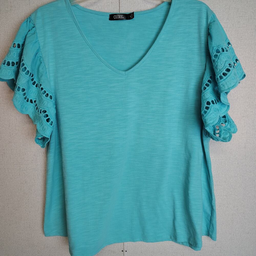 CURE Womens 1XL Turquoise Eyelet Flutter Sleeve Top V Neck Boho Blouse